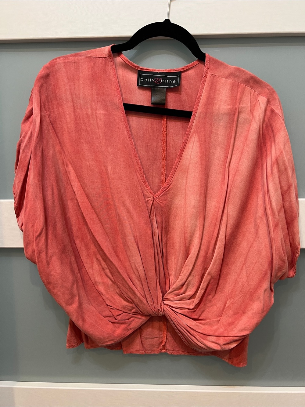 Polly & Esther Coral Twist-Knot V-Neck Blouse